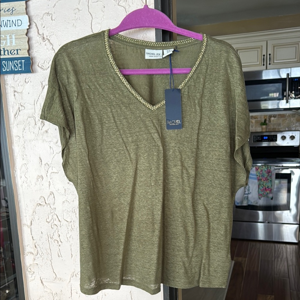 Rachel Zoe Green Fitted Short Sleeve Tee 100% Linen